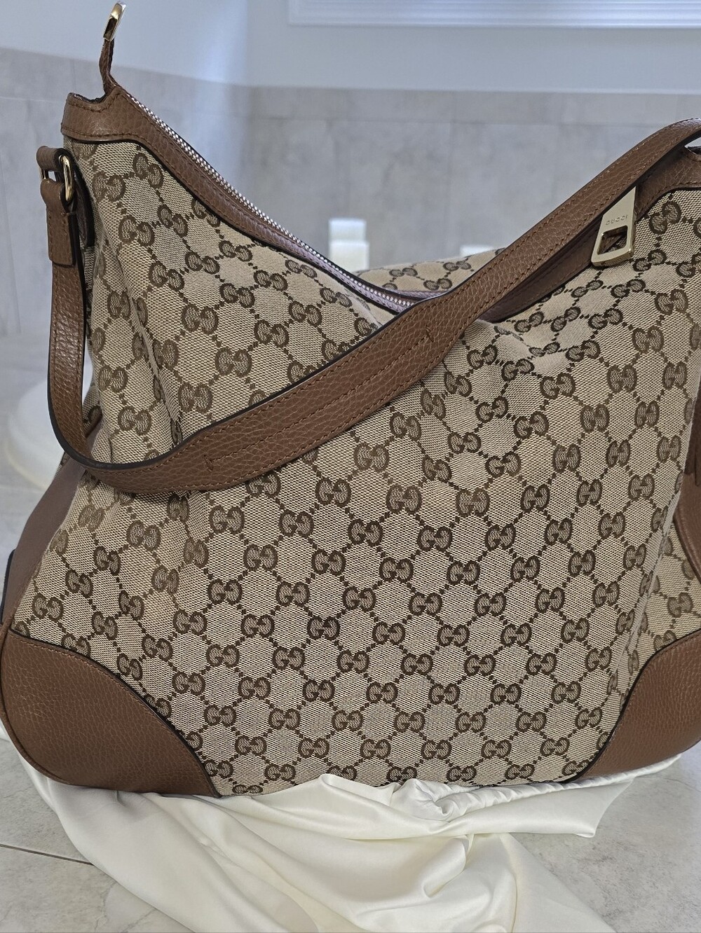 Authentic Gucci Tan and Brown Monogram Shoulder Bag